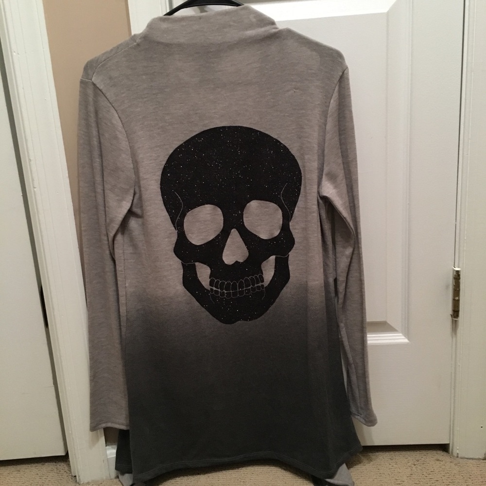 Grey Glitter Skull Drapey Sweater